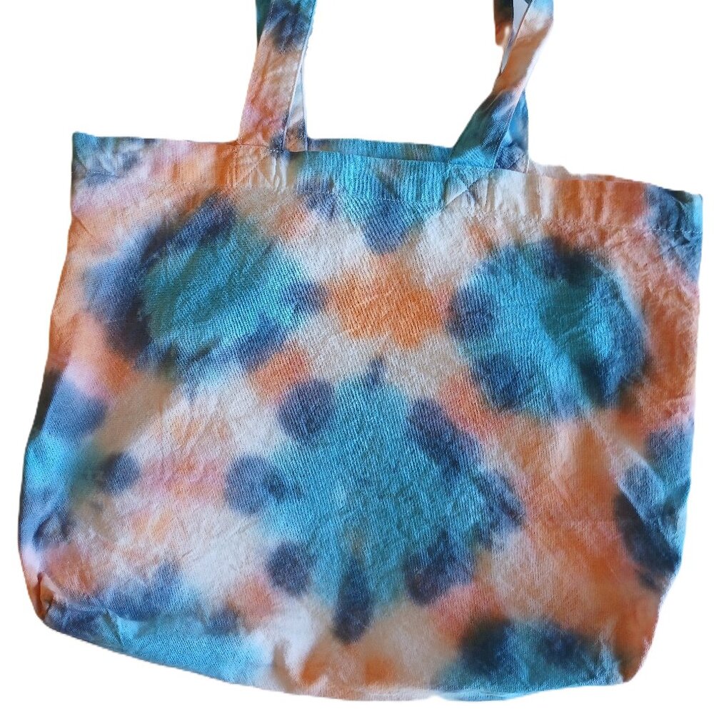 Tie Dye Cotton Reusable Grocery Tote Bag With Colorbursts in Orange Blue & Pink - Picture 10 of 16